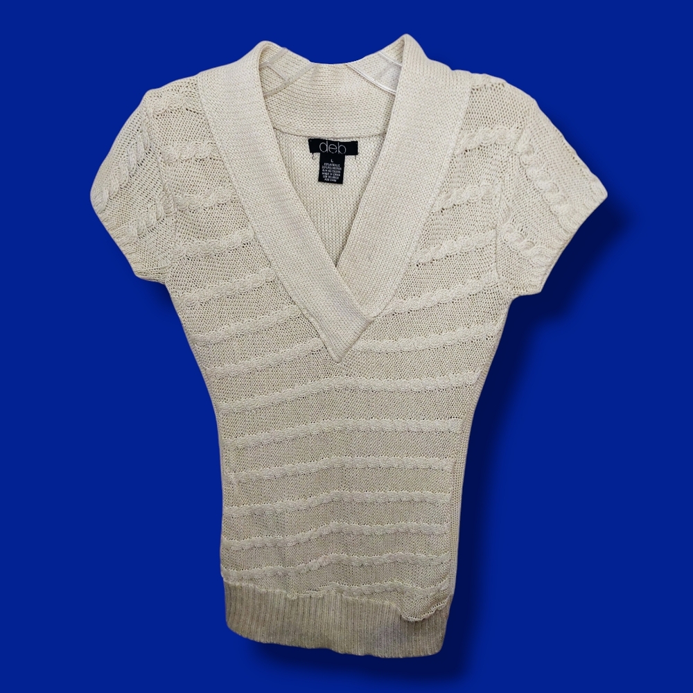 DEB | Women's Beige Open Knit Long Short-Sleeve V-Neck Sweater Top | Size Large|